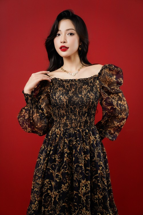 Sixdo Black Baroque Print Bishop Sleeves Midi Voile Dress